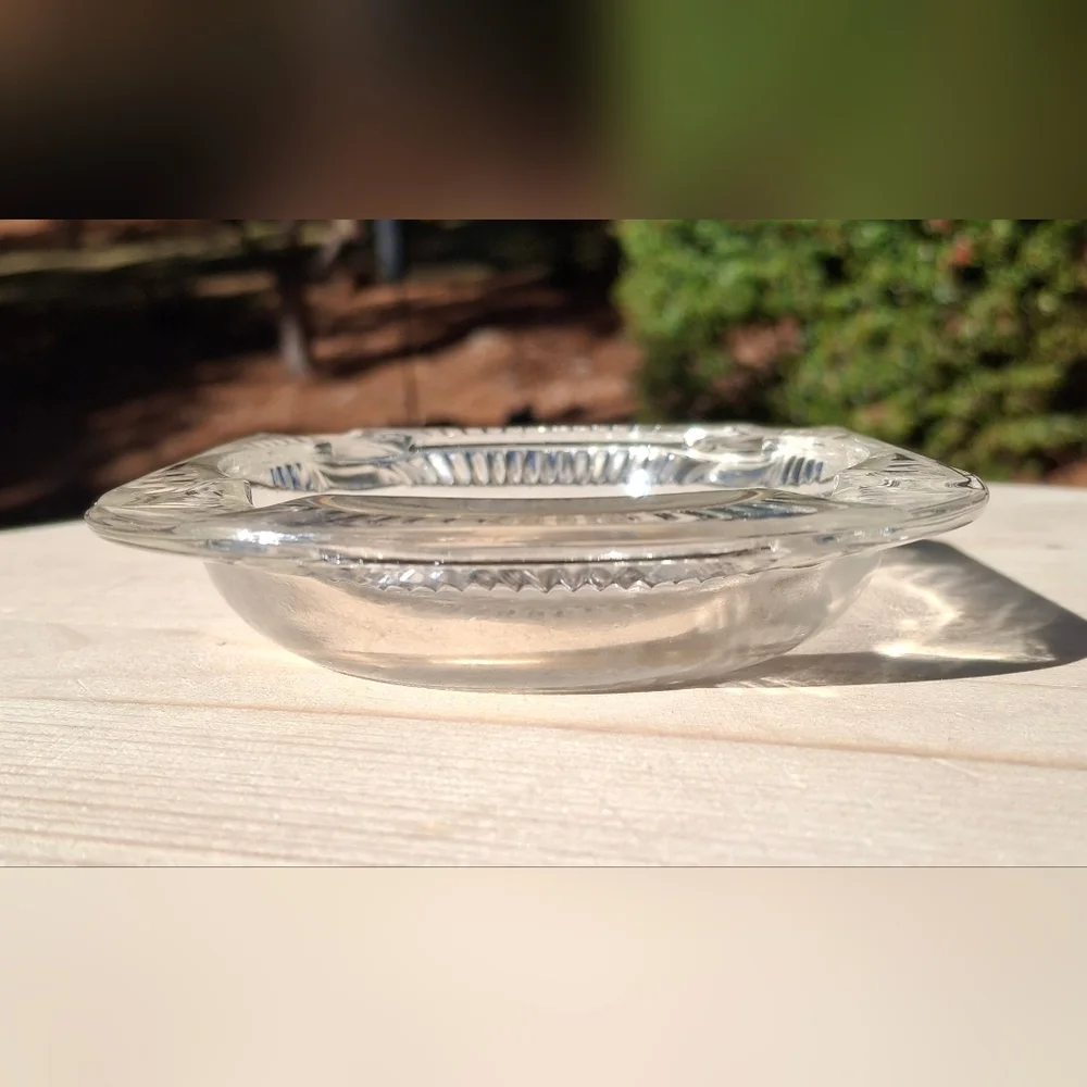 Vintage Clear Cut Glass Starburst Rectangular Ashtray Trinket Dish Candle Tray